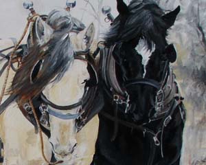 Cropped images of a painting of a black and white draft horse team